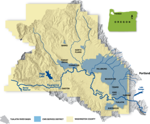 Animated Map of Washington County showing the Clean water Services service district within the Tualatin River Basin. Areas such as Forest Grove, Hillsboro, Beaverton, and Sherwood are labeled throughout with a highlight on the Tualatin river and its main tributaries.