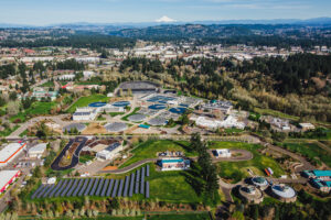 Durham water resource recovery facility Aerial view on a sunny day.