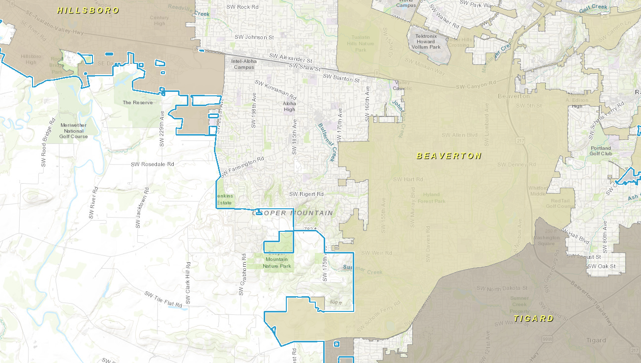 A GIS Map showing Hillsboro, Tigard, and Beaverton
