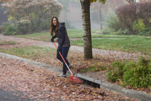 A community member smiles as she rakes fallen leaves away from the storm drain in the street near her home.