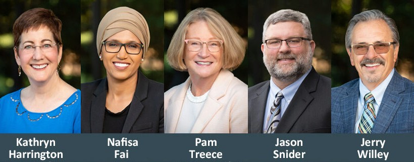 The CWS Board of Directors, left to right: Kathryn Harrington, Nafisa Fai, Pam Treece, Jason Snider, Jerry Willey.