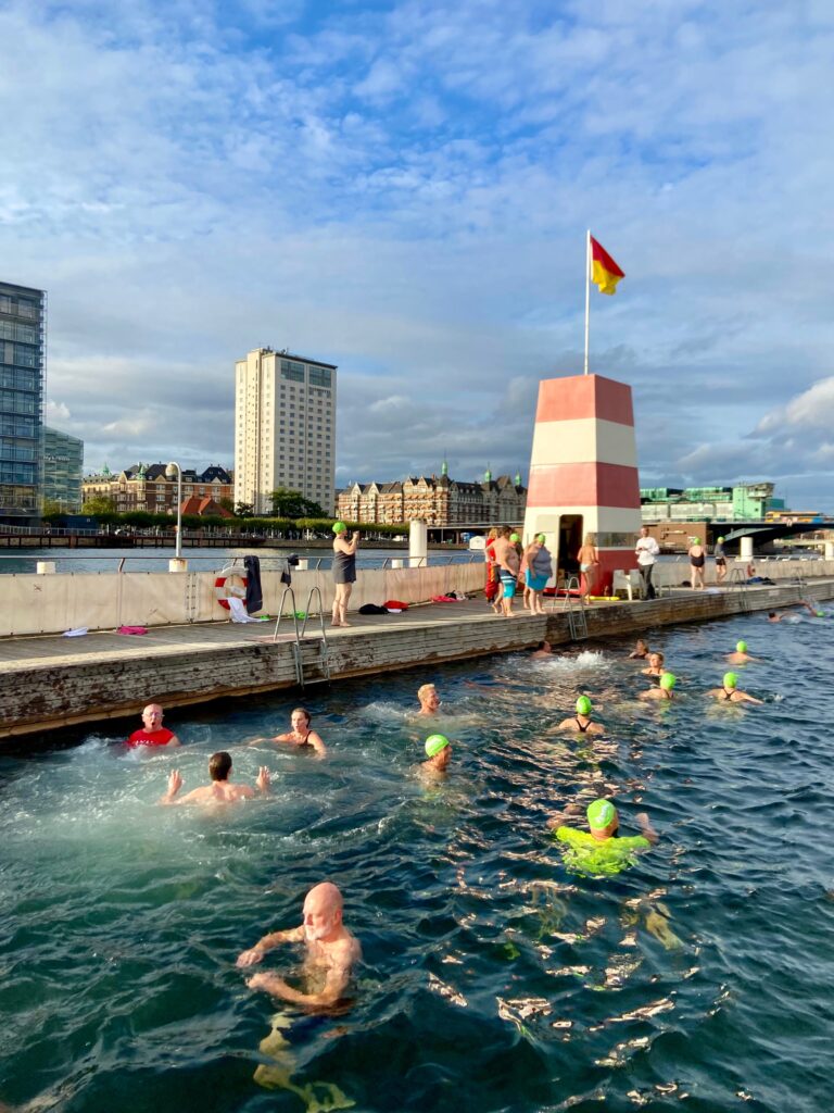 Several people swim in a harbor while some stand on a concrete walkway behind them. Some of the city of Copenhagen is visible in the background.